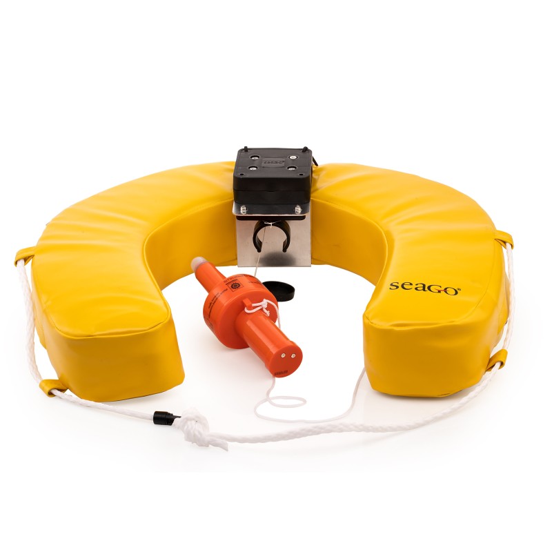 Aro salvavidas en forma de herradura / amarillo / incluye soporte y lámpara SOLAS